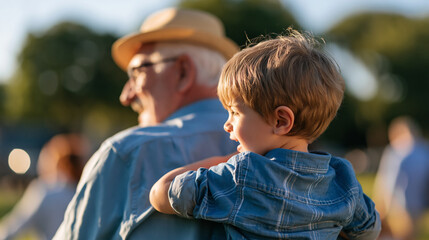 Fototapeta premium rear view of a grandfather having fun with a child in a bright park, back to camera, family bonding concept, intergenerational, playful, outdoor, bright, with copy space