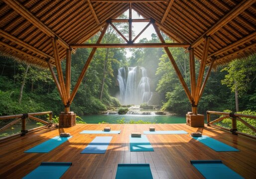 Tropical yoga pavilion with mats overlooks serene waterfall