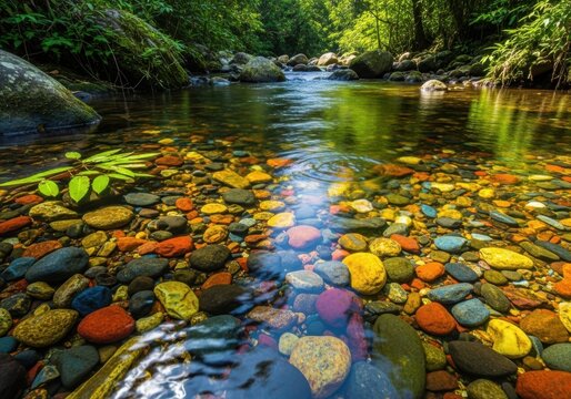 Clear water flowing over a vibrant riverbed of colorful stones
