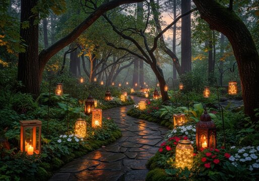 Enchanted forest path illuminated by glowing lanterns at dusk