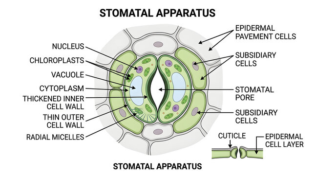 Stomatal apparatus detailed botanical diagram showing plant cell structure and guard cells