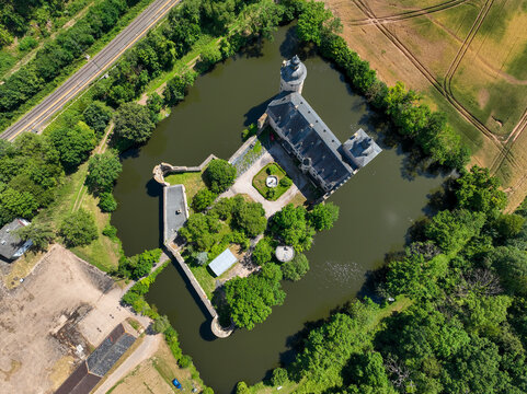 Aerial view, Veynau Castle, moated castle, Euskirchen district in North Rhine-Westphalia, Germany