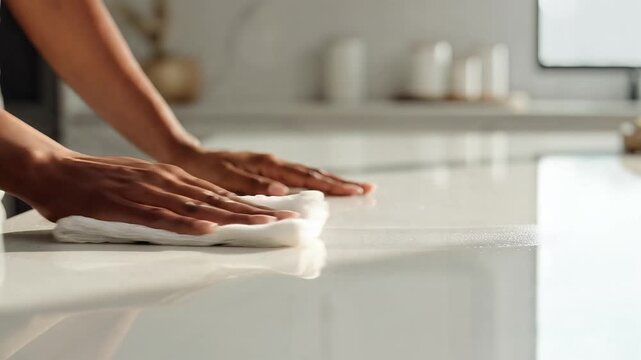Woman wiping kitchen countertop with a white cloth