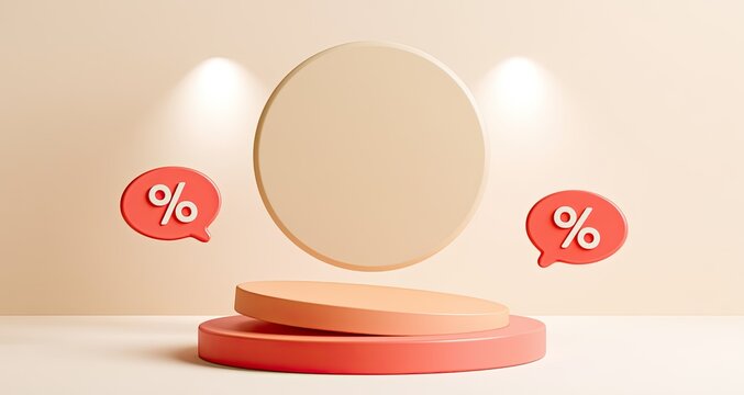 Floating circular podium with red sale speech bubbles