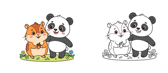 Naklejka premium Cute Cartoon Hamster and Panda Friends Holding an Acorn Vector Illustration
