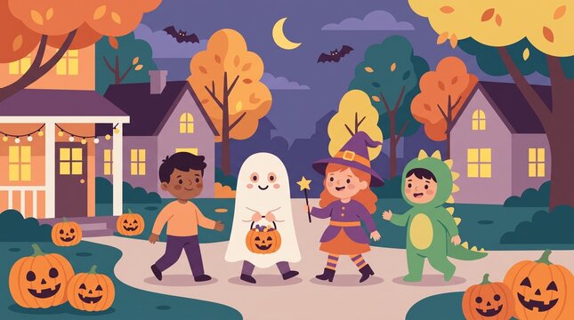 Four adorable diverse children in charming Halloween costumes, including a friendly ghost, a playful witch, and a cute dinosaur, joyfully trick-or-treating along a pumpkin-lined path in a cozy, illumi