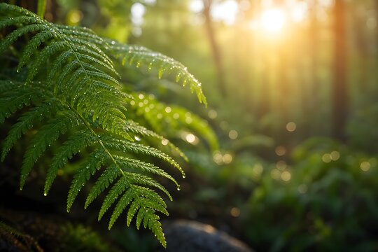 Close-up of a green fern with dew drops in a forest at sunrise