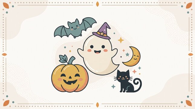 A delightful collection of adorable Halloween characters featuring a friendly ghost wearing a witch hat, a cheerful carved pumpkin, a cute black cat, a whimsical flying bat, and a smiling crescent moo