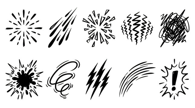 Set of handdrawn comic book style sound effects and action elements isolated on transparent background