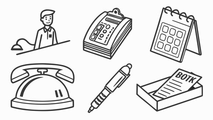 Fototapeta premium Reception desk icons set outline style office worker desk bell pen calendar