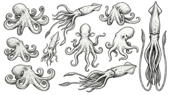 Set of handdrawn octopus and squid illustrations isolated on transparent background