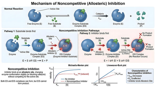 Mechanism of noncompetitive allosteric inhibition enzyme kinetics infographic chart