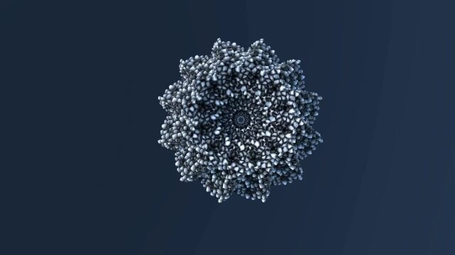 Abstract circular geometric structure composed of many small dark particles rotating in space creating hypnotic rhythmic animation on dark blue background surface.
