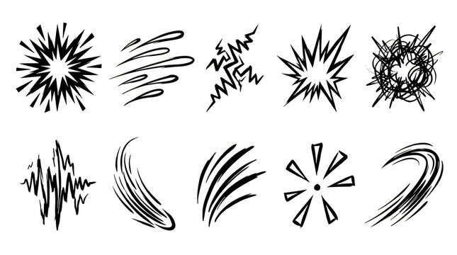 Set of handdrawn comic book action effects and speed lines isolated on transparent background