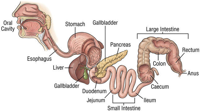 Detailed human digestive system anatomy chart showing organs from oral cavity to rectum