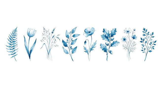 Set of blue watercolor botanical elements isolated on transparent background