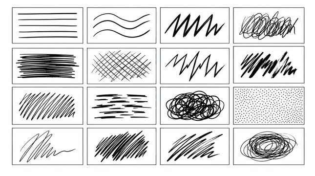 Set of handdrawn scribble textures and doodle patterns isolated on transparent background