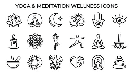 Fototapeta premium Yoga and meditation outline icons set featuring lotus poses, spiritual symbols and zen wellness elements, concept for mindful relaxation and holistic lifestyle