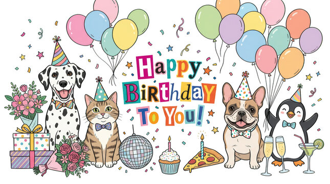 Happy birthday illustration with cute animals and party elements isolated on transparent background