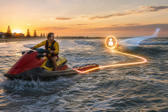 Surf lifeguard launching rescue jet ski