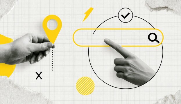 Conceptual graphic searching and navigation, hand holding location pin, finger on search bar