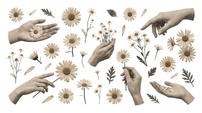 Collage of chamomile flowers and human hands isolated on transparent background