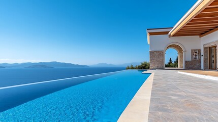 Fototapeta premium Luxurious infinity pool overlooking deep blue ocean water at a modern villa under clear bright skies