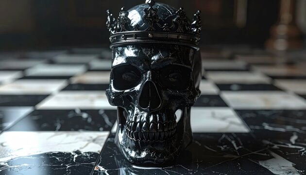 Black crowned skull on marble chessboard background.