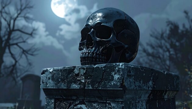 Black human skull on stone pedestal under full moon.