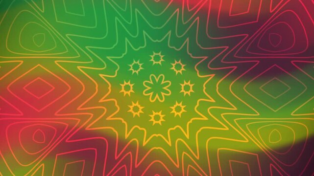 Abstract geometric mandala overlay pattern with circular floral shapes in green, yellow, and red gradient. Perfect for backgrounds, fabric prints, packaging design.