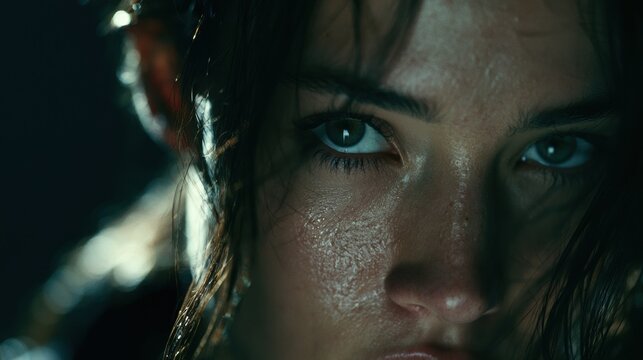 Intense close portrait young woman sweat covered skin dramatic dark lighting cinematic moody atmosphere