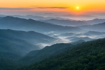 Fototapeta premium Serene mountain landscape at sunrise with rolling hills and misty valleys below
