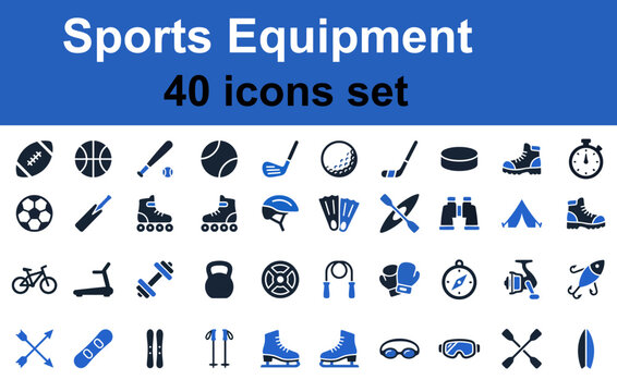 Collection of forty flat blue sports equipment icons on a dark background athletic ball bicycle