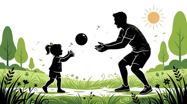 Joyful father and daughter playing with a ball in this stylized black and green vector illustration