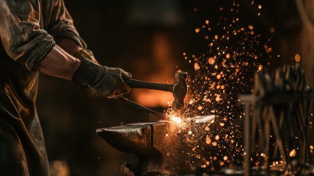 Skilled craftsman striking glowing metal on anvil creating bright sparks in traditional workshop setting