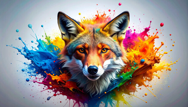 Vibrant fox head portrait featuring colorful paint splashes and artistic rainbow splatter on a clean white background