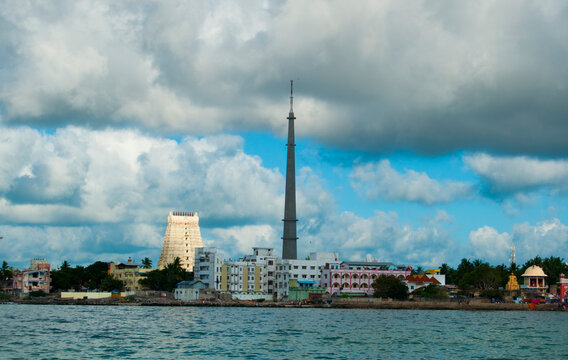 Ramanathaswamy temple and Rameswaram Beach view from Arabian sea, India