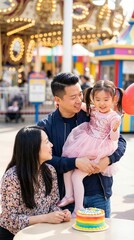 Naklejka premium Happy Asian family with cake and balloon celebrating birthday at amusement park
