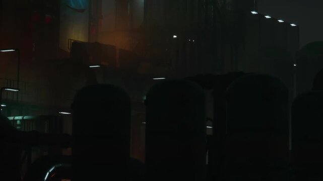 In a factory at night, shadows and lights create a mysterious atmosphere. Pipes run along the structures, and the buildings loom in the fog. The scene captures an industrial setting.