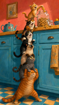 Cats forming a tower to steal biscuits, teamwork and playful pet mischief concept in colourful kitchen
