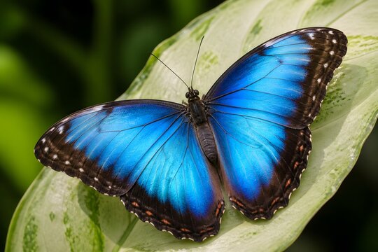 Vibrant blue morpho butterfly with iridescent wings rests peacefully on a large green leaf.