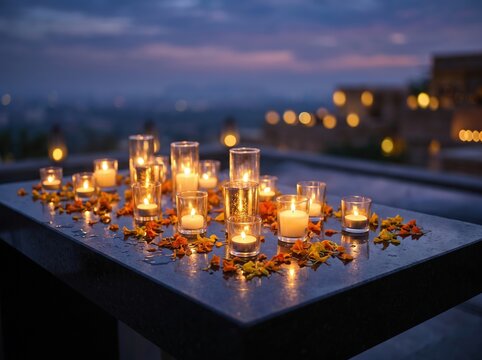 Glass votive candles with marigold petals on volcanic stone at dusk for d&iacute;a de los muertos altar background and memorial banner