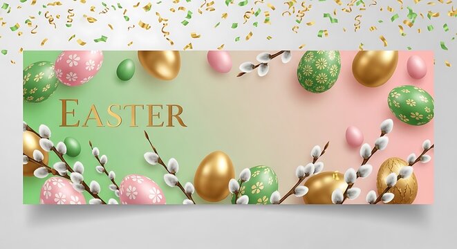 Elegant easter banner with golden eggs and pussy willow branches