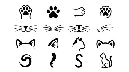 Fototapeta premium Collection of cat icons, paw prints, ears, whiskers and silhouettes