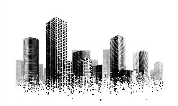 Grayscale silhouette of fragmented skyscrapers dissolving into abstract pixelated patterns