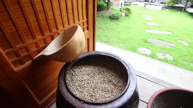 Korea barley dried yellow croaker bori gulbi earthenware crock pot seafood ingredient 생선 전통 보리굴비 굴비 항아리 옹기 보리 쌀 보관 숙성 건어물 수산물 한식 식재료
