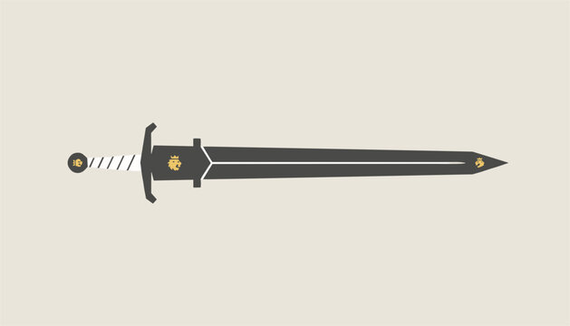 Sleek black sword features a silver-wrapped handle and golden lion head symbols on the hilt and blade against a light neutral background.