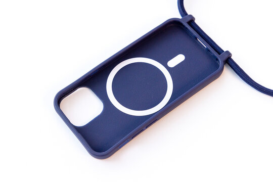 Dark Blue Silicone Phone Case with White Circle and Attached Lanyard