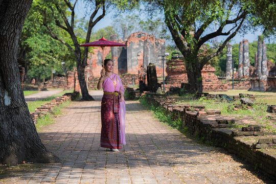 portrait of a woman. Portrait beautiful woman in Thai traditional costume in Ayutthaya, Thailand.