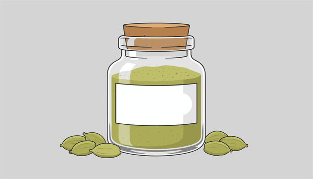 Glass jar with a cork stopper filled with green spice powder surrounded by fresh cardamom pods on a grey background.